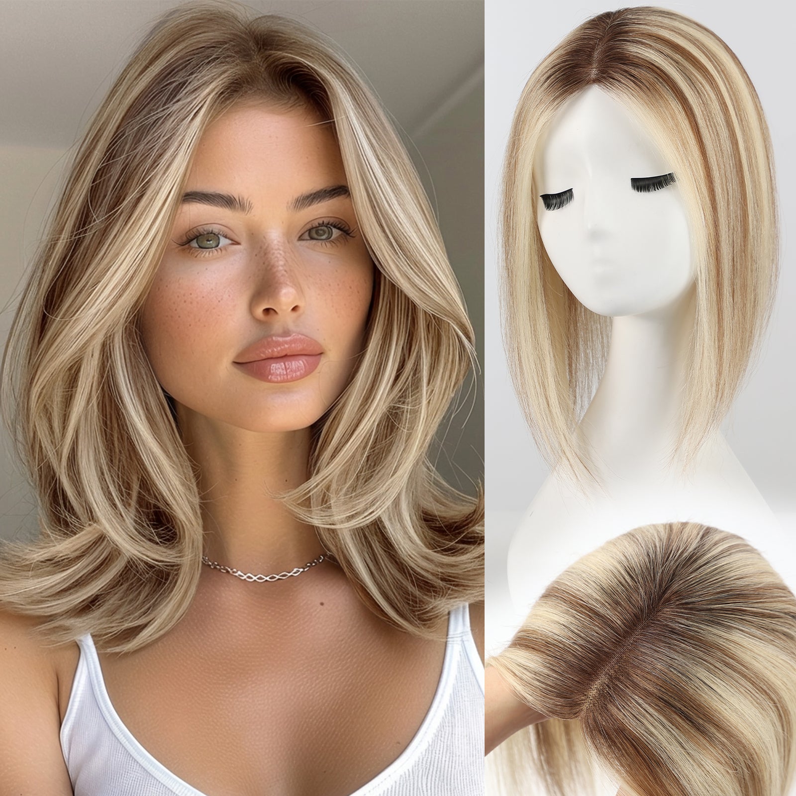Image of Human Hair Topper with Halo Wire, Swiss Base by Skin-imitating Net Essentials