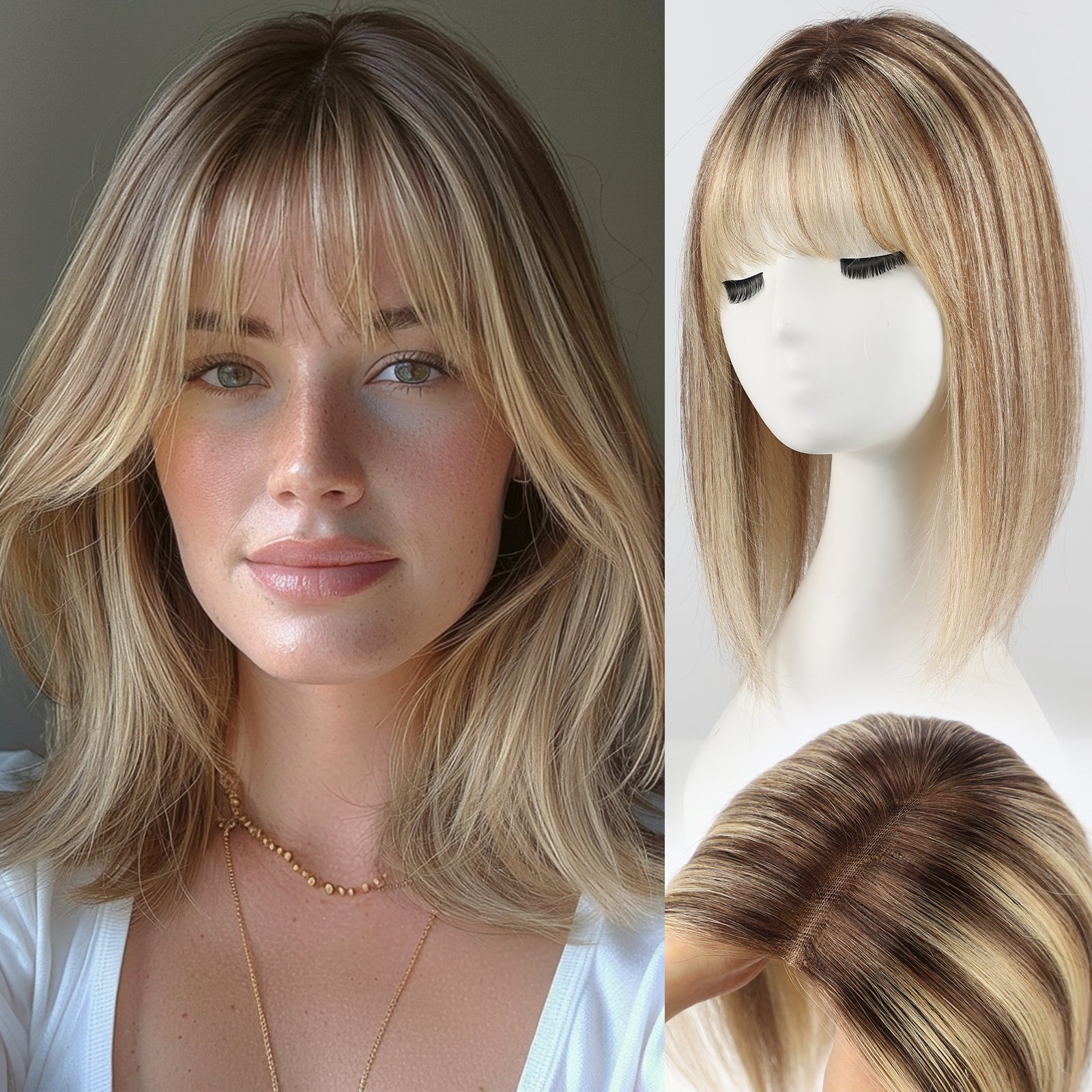 Image of Human Hair Topper with Halo Wire, Swiss Base by Skin-imitating Net Essentials with Bangs