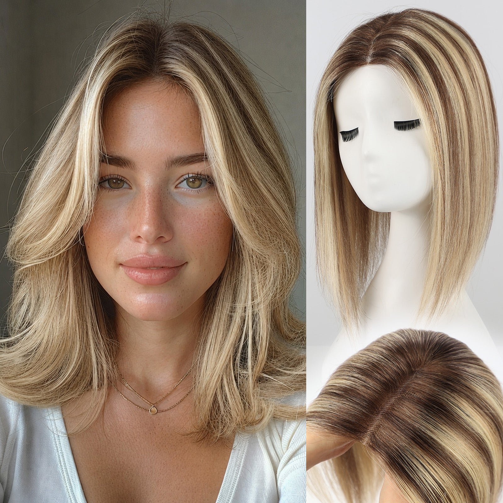 Image of Human Hair Topper with Halo Wire, Swiss Base by Skin-imitating Net Essentials
