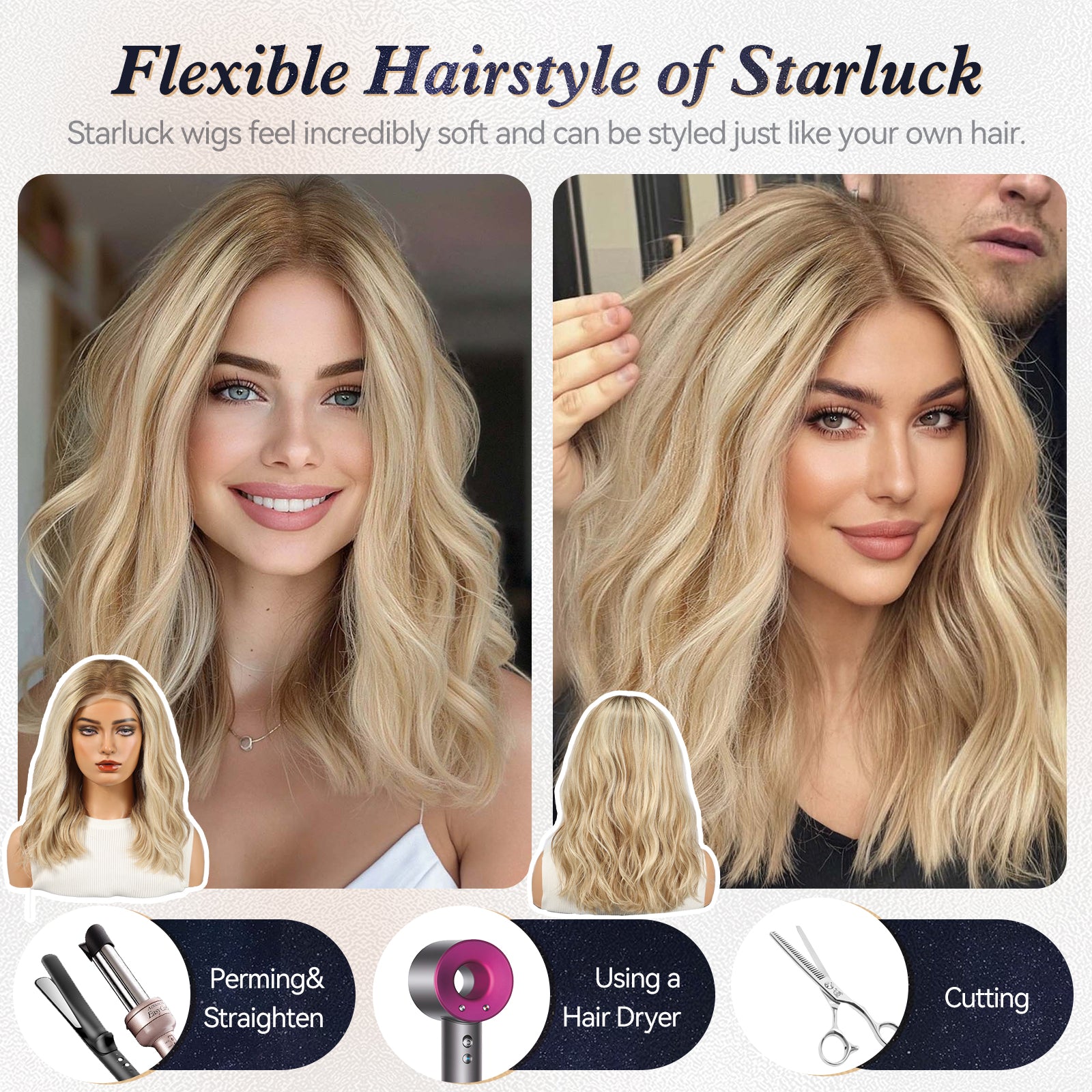 starluck Ombre Blonde Wigs Human Hair Lace Front Wigs Human Hair for Women Pelucas De Mujer Pelo Humano 16 Inch Wavy Realistic and Natural Daily Wear
