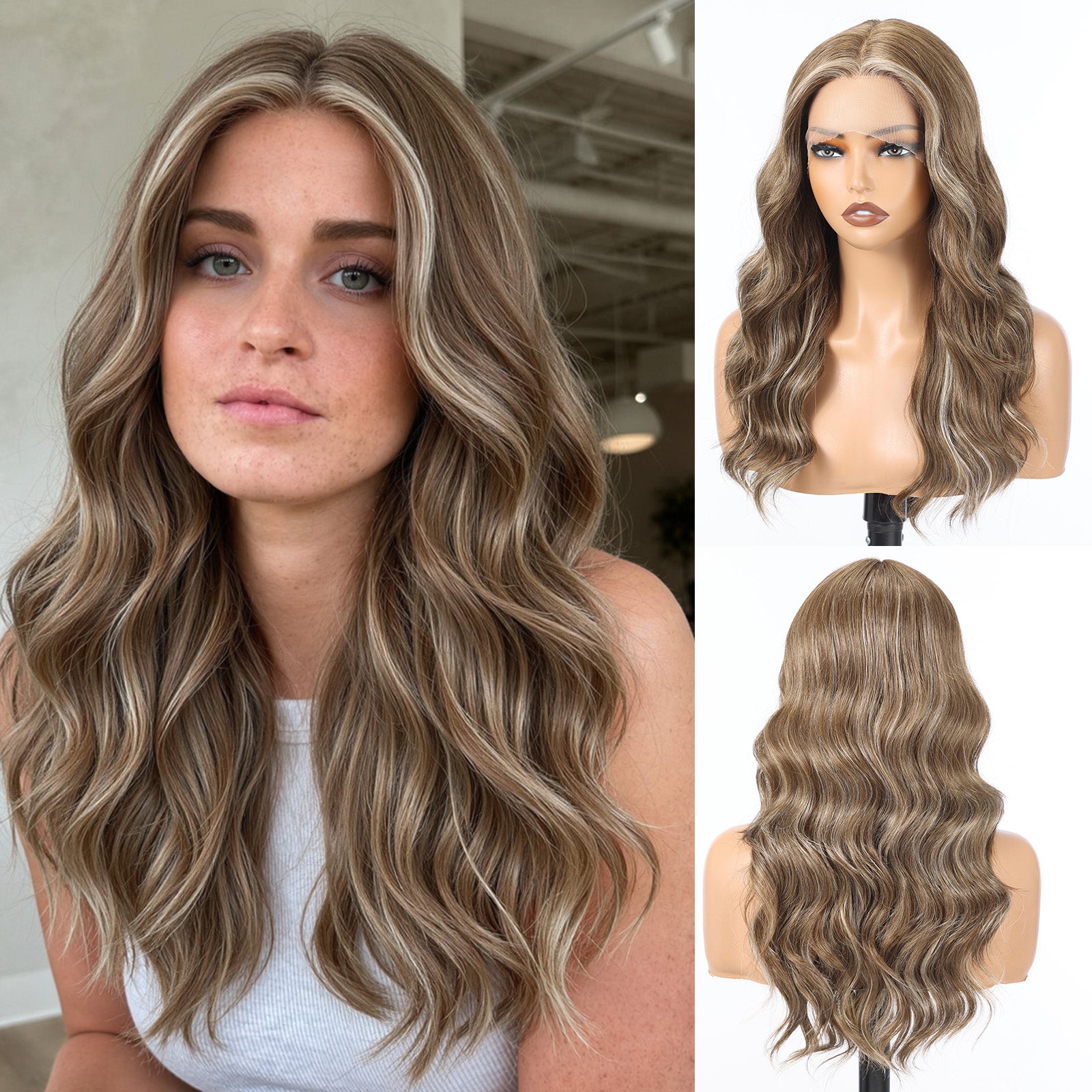 Image of Starluck Human Hair Wig Blend Lace Front Wig Glueless Wigs for Women with Thin Hair Wavy 20 Inches 13