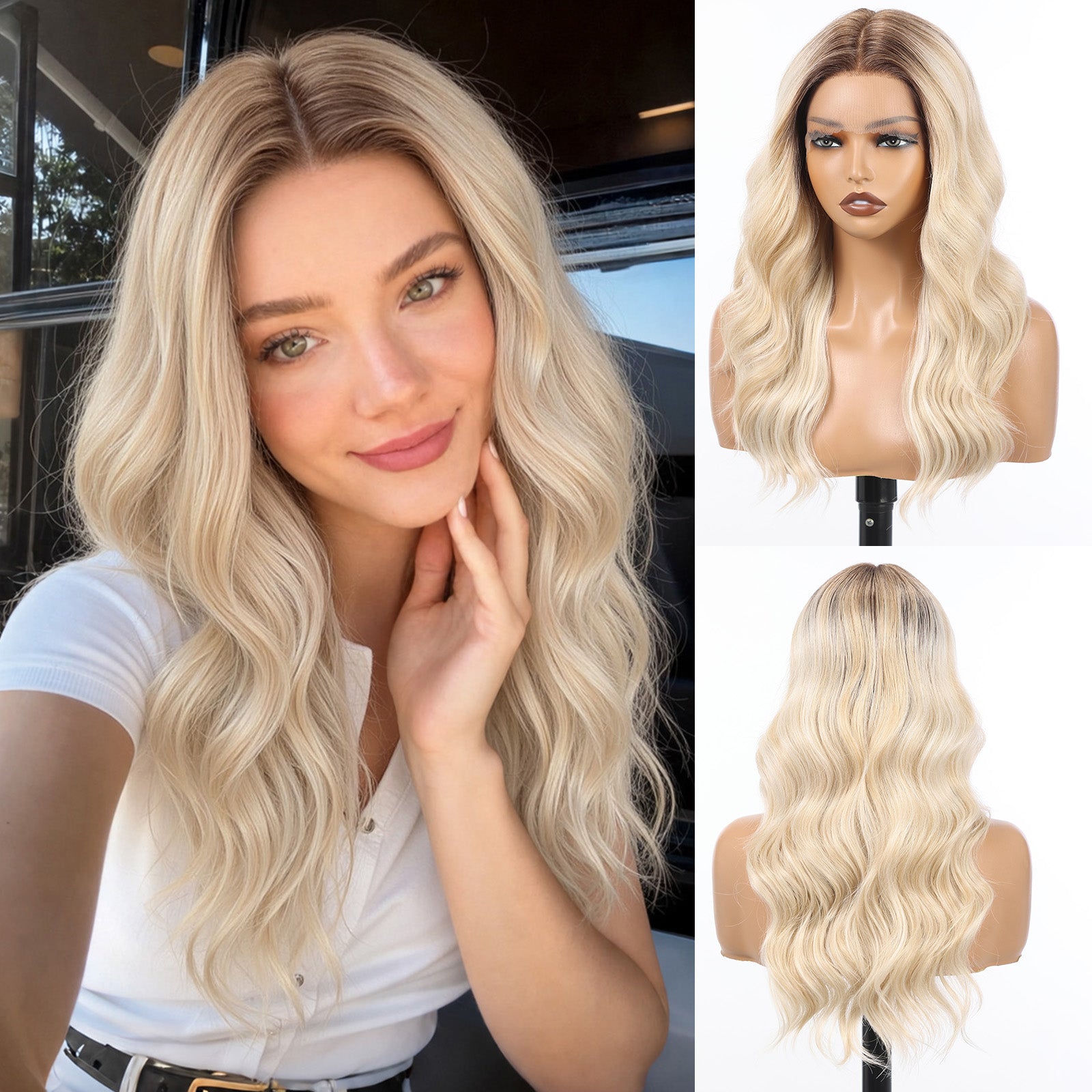 Image of Starluck Human Hair Wig Blend Lace Front Wig Glueless Wigs for Women with Thin Hair Wavy 20 Inches 13