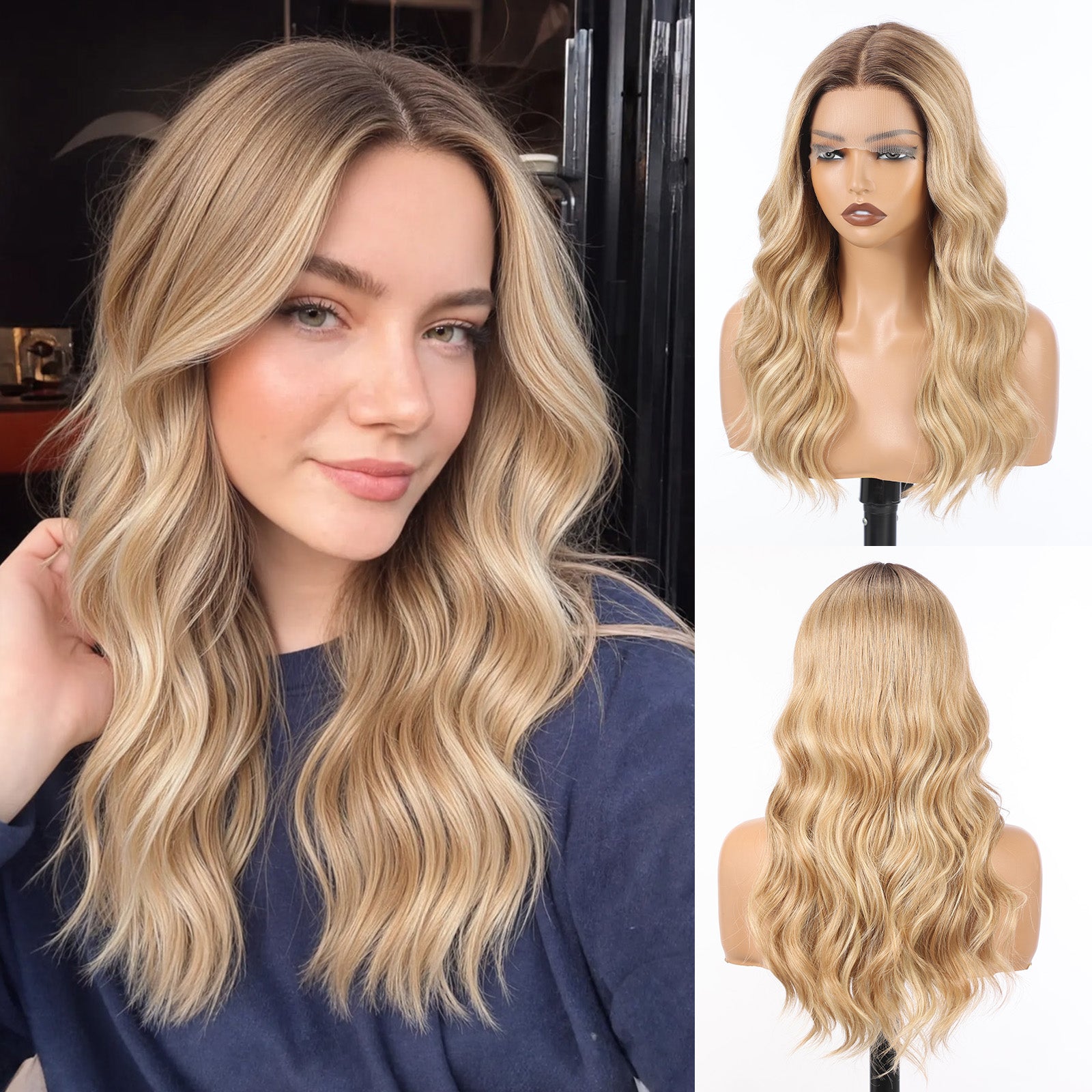 Image of Starluck Human Hair Wig Blend Lace Front Wig Glueless Wigs for Women with Thin Hair Wavy 20 Inches 13