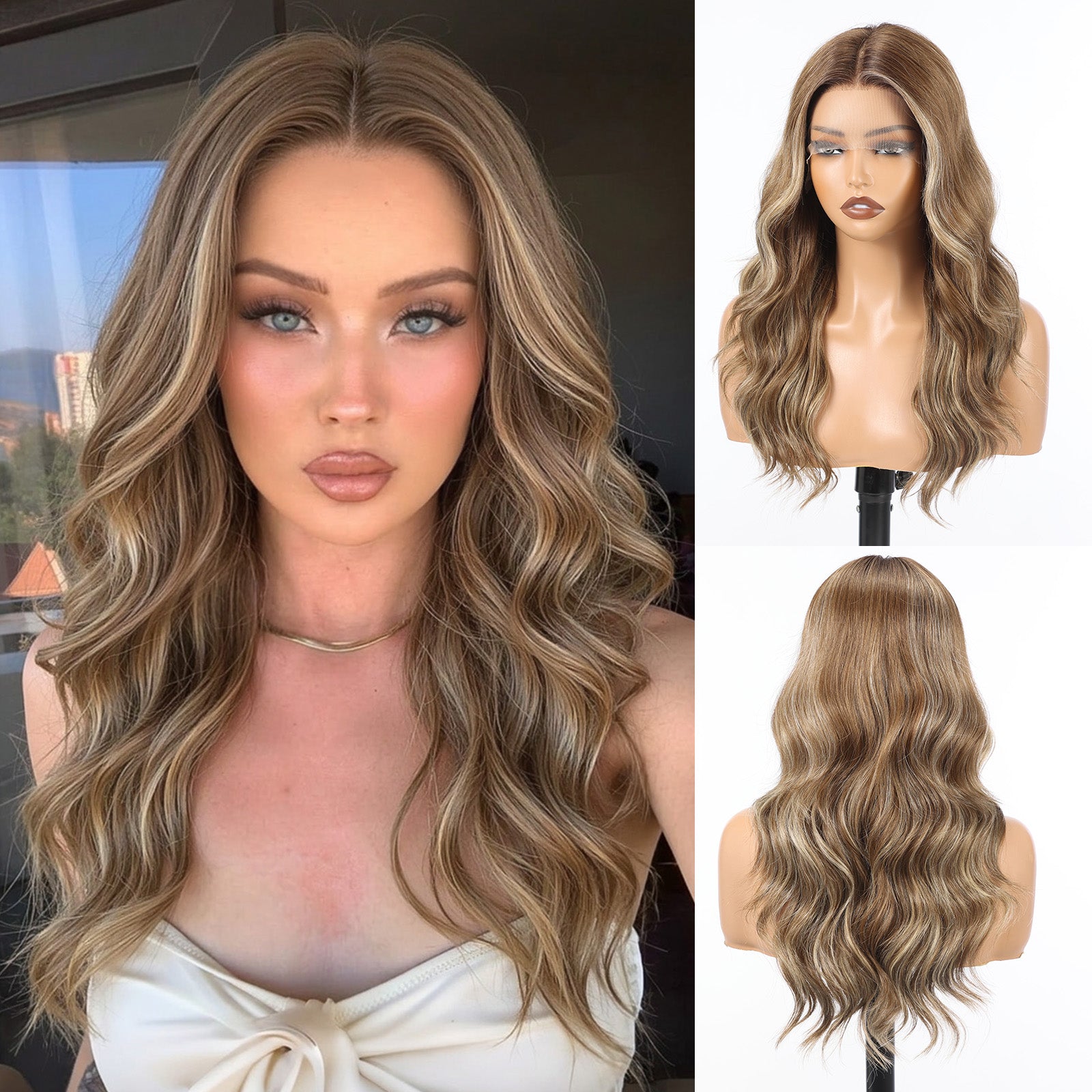 Image of Starluck Human Hair Wig Blend Lace Front Wig Glueless Wigs for Women with Thin Hair Wavy 20 Inches 13