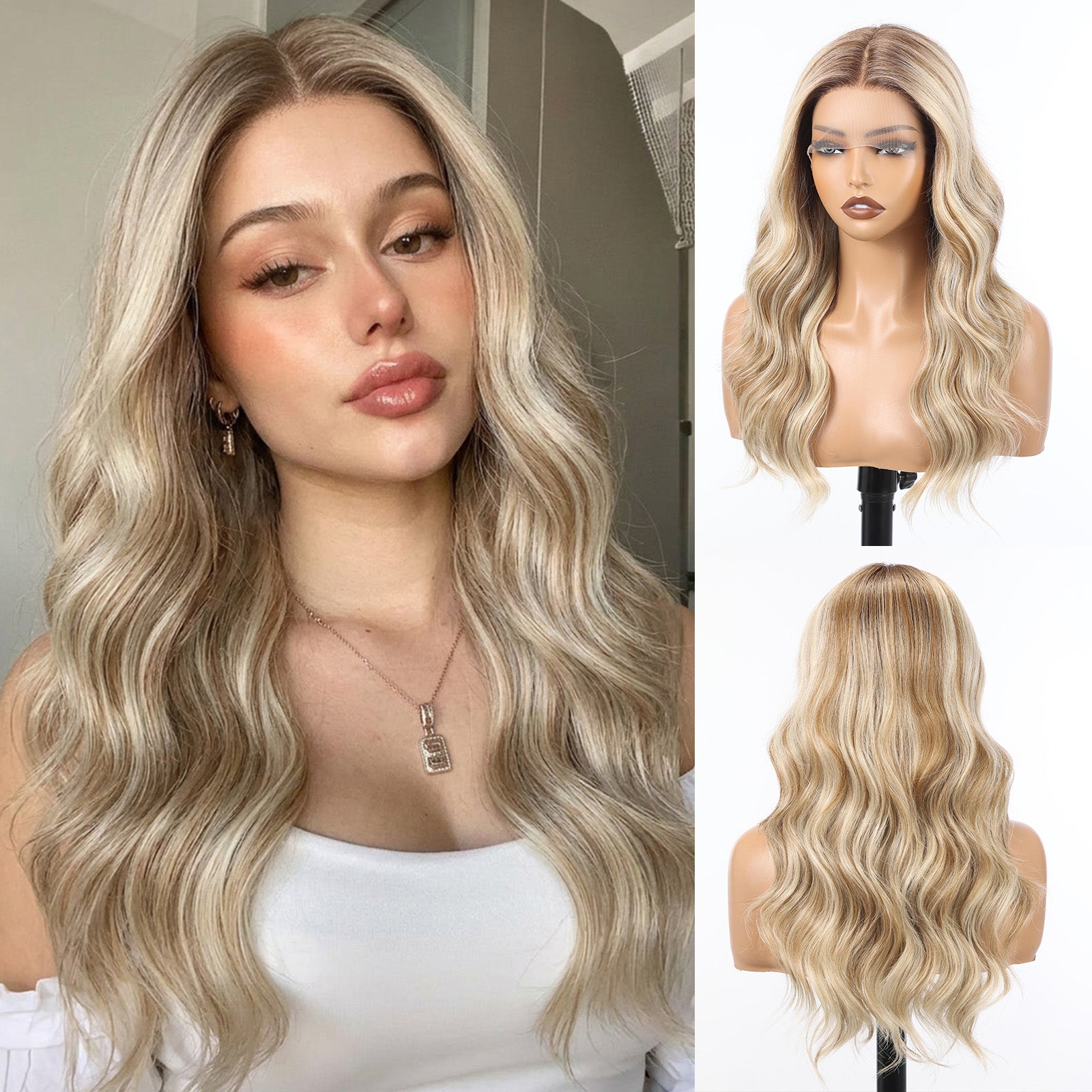 Image of Starluck Human Hair Wig Blend Lace Front Wig Glueless Wigs for Women with Thin Hair Wavy 20 Inches 13