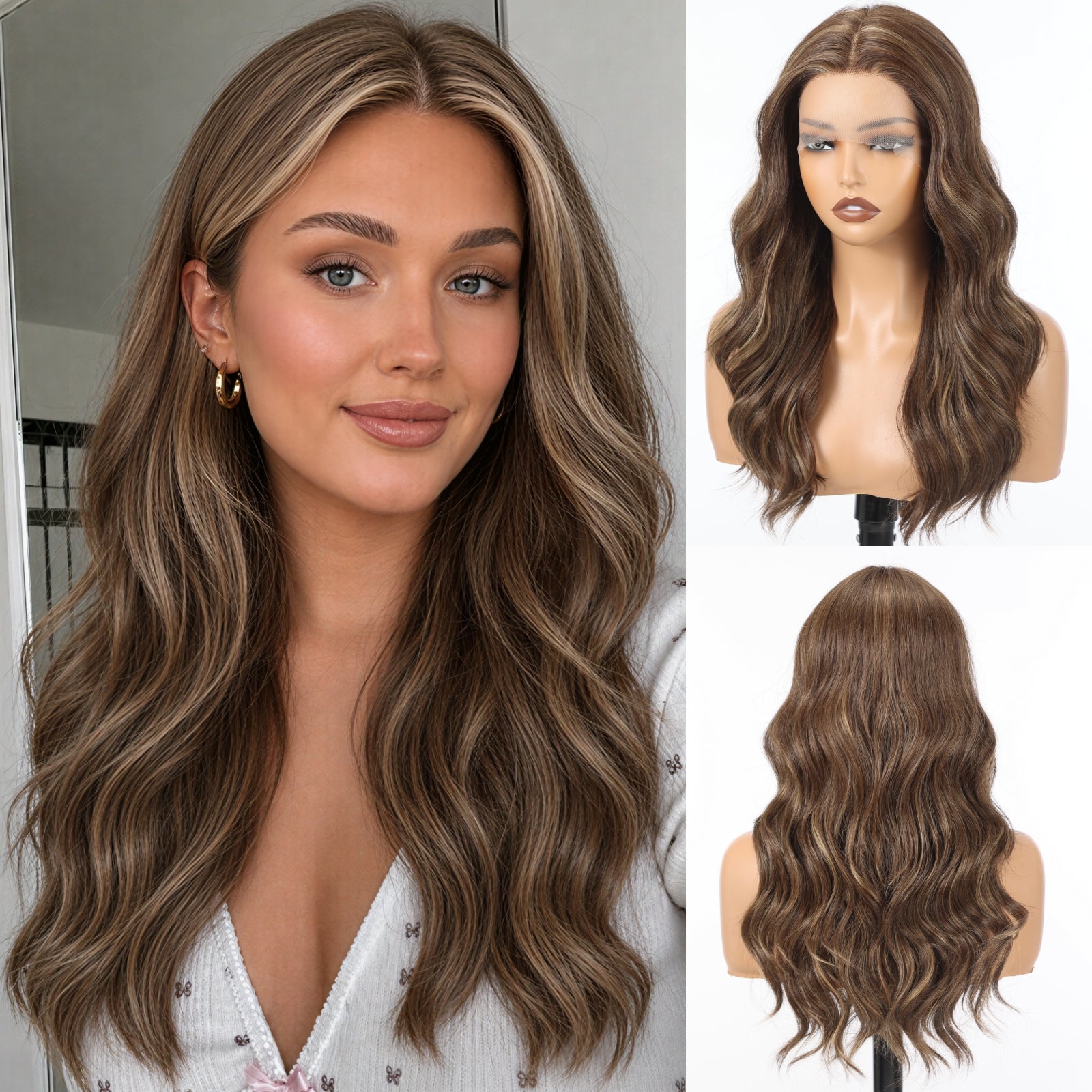Image of Starluck Human Hair Wig Blend Lace Front Wig Glueless Wigs for Women with Thin Hair Wavy 20 Inches 13