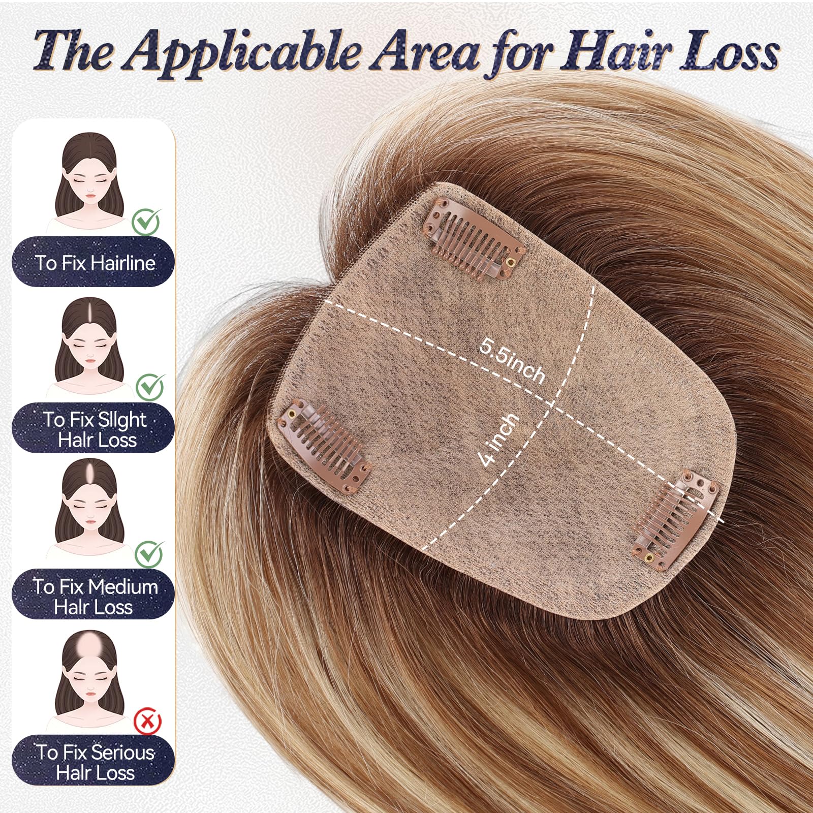 Image of Second Scalp Human Hair Toppers for Women Real Human Hair No Bangs 4 * 5.5 inch Base 12 inch SilkHug Hair Topper for Women Cover Grey Roots